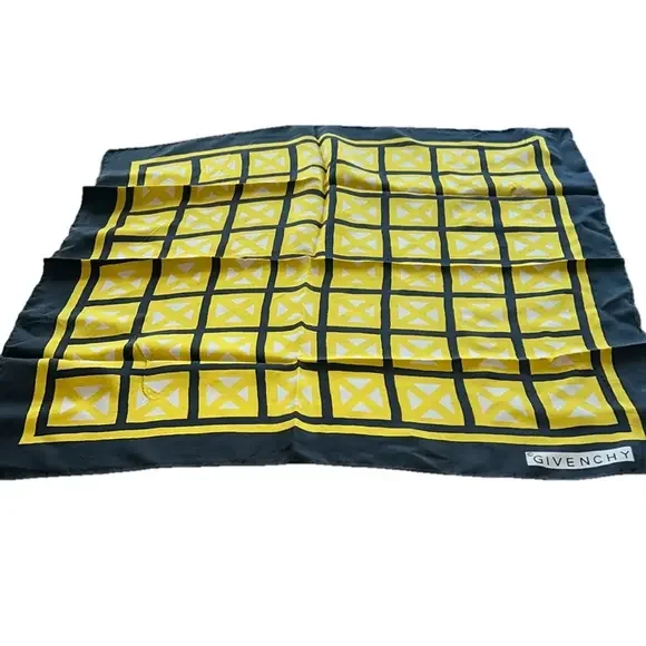 Vtg Givenchy Authentic 100% Silk Bright Yellow & Black Square Print Scarf